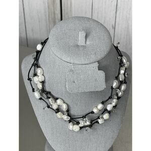 White Pearls & Leather Necklace Freshwater Pearl Multi Strand Adjustable